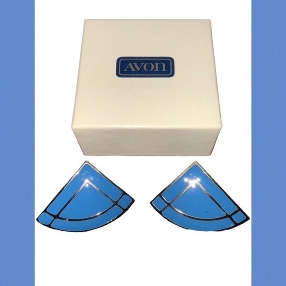 Avon Blue & Gold Fan Shaped 1” Post Pierced Earrings New In Box